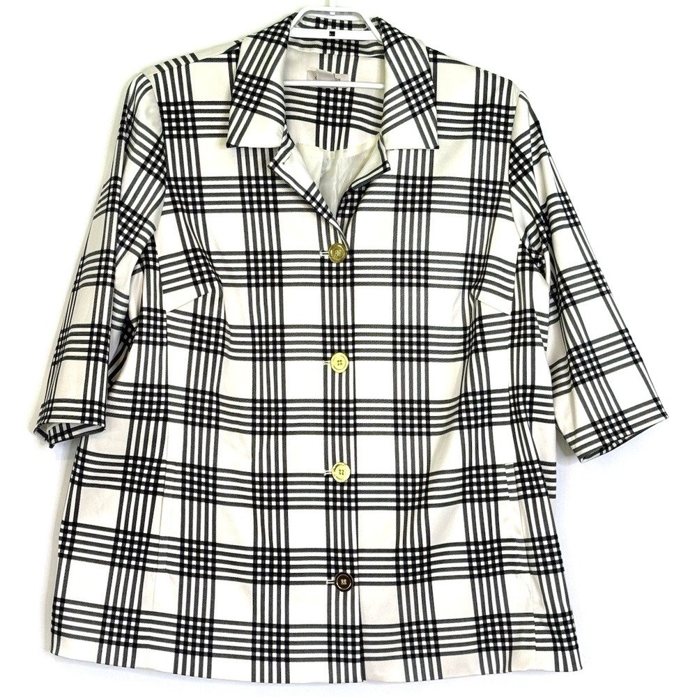 Covington Woman Plus Size 24-26 Windowpane Jacket Cream Black 3/4 Sleeve Classic